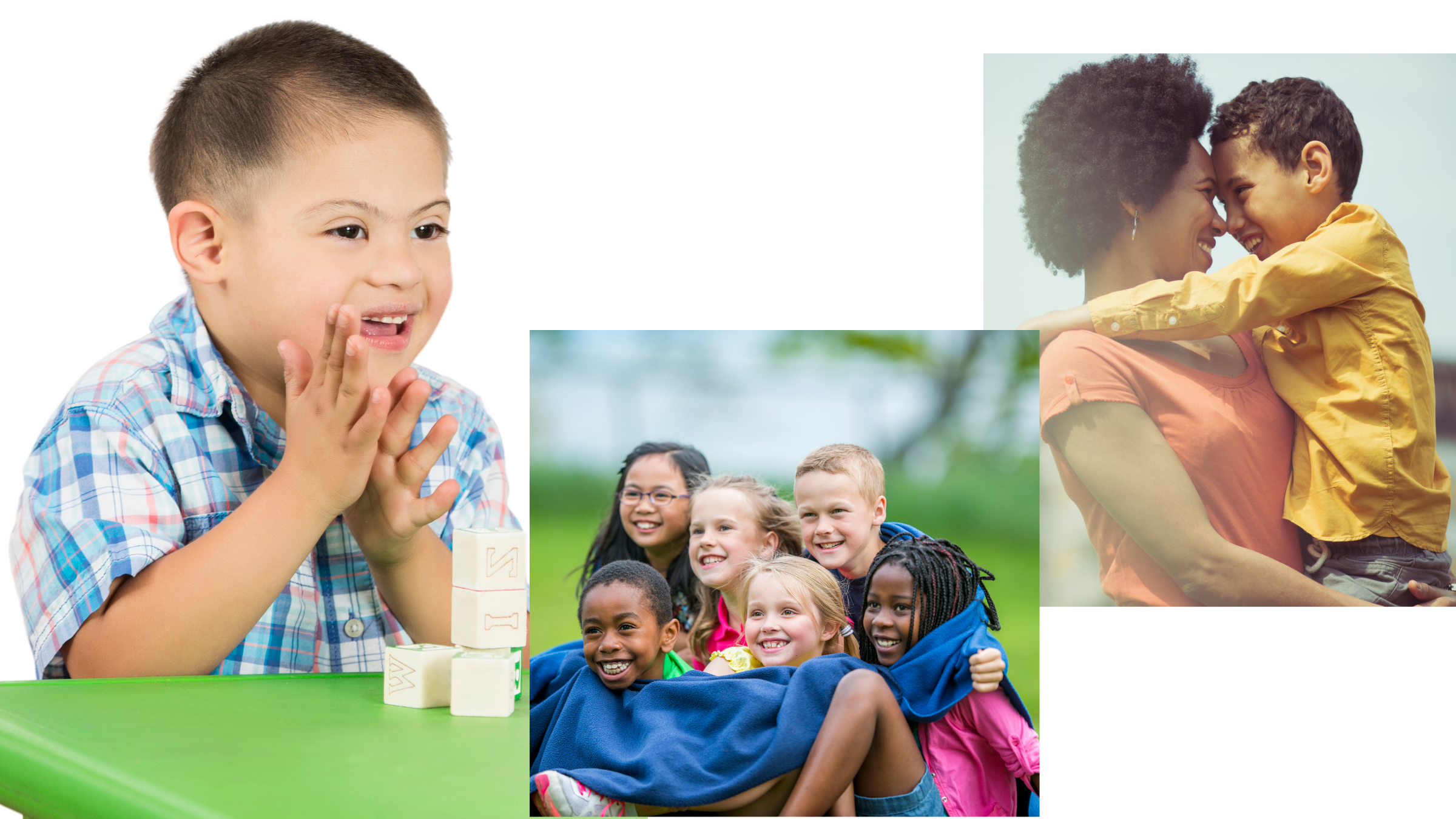 Collage of pictures with kids and a kid with his mother